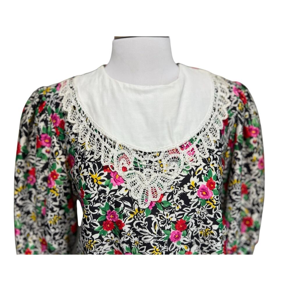 Vintage Dress Womens 12 Country Whimsy Lace Collar Cottagecore Floral Blouson - Picture 3 of 8